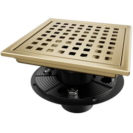 Elefloom Square Shower Drain, Gold Shower Drain 6 inch with Flange and Removeable Grate Cover, AISI 304 Stainless Steel Gold Shower Floor Drain with Hair Catcher and Flange