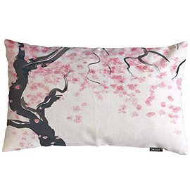 Swono Cherry Blossom Throw Pillow Cover Watercolor Pink Japanese Cherry Tree Blossom Cotton Linen Decorative Rectangular Pillowcase for Sofa and Bed Couch 12"X20"