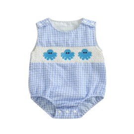 Licupiee Newborn Boy Turtle Romper Sleeveless Seersucker Stripe Overalls Gingham Plaid Octopus Bodysuit Baby Summer Clothes (Blue, 3-6 Months)
