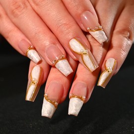 Sethexy Coffin Press on Nail Long - Gold Line, French Tip Design Acrylic False Nail for Women 15 Sizes - 30 Pcs Soft Gel Nail Kit with Glue