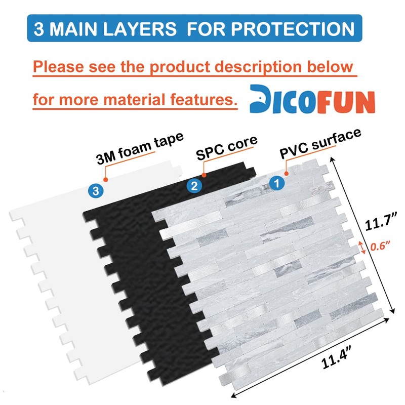 DICOFUN 10-Sheets Peel and Stick Backsplash Wall Tile, Faxu Stone