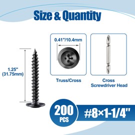 ANCHOREASE #8×1-1/4″ Wood Screw 200Pcs, Black Carbon Steel Standard Thread Screws, Truss Head Phillips Fast Self Tapping Screws