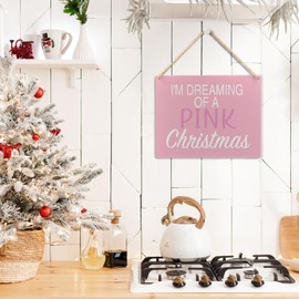 Ryeolo Pink Christmas Signs, I'm Dreaming of a Pink Christmas Wooden Signs Plaque Wall Hanging, Christmas Door Sign Hanger, Christmas Wall Sign, Pink Christmas Wall Decor, 8x10 Inch