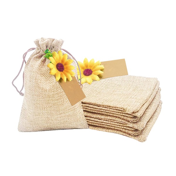 KiKS Products Small Burlap Drawstring Bags - Wedding Party Favors, Goodie Bags, Mini Bags for Gifts, DIY Crafts w/Little Sunflower Decorations & Gift Tags, 4.5" x 3.25" Size, 10 Pcs