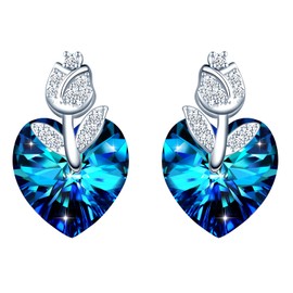INFINIONLY Women's Blue Heart Crystal Earrings Elegant Rose Flower with Zirconia Girls Stud Earrings Fashion 925 Silver Heart Earrings Crystal Jewellery, Sterling Silver, Crystal Cubic Zirconia