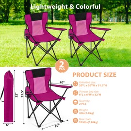 Shellwei 2 PCS Folding Camping Chair with Cupholder and Carry Bag Regular Size Colorful Breathable Portable Lightweight Lawn Chair with Side Pocket for Fishing Hiking Beach Outdoor Activity(Pink)