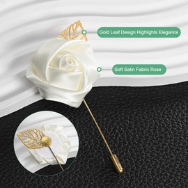 M METERXITY 12-Pack Flower Lapel Pins for Men, Golden Leaf Rose Boutonnieres Pin for Wedding/Dance/Party, Mens Lapel Pins for Suits Satin Flower Corsage Hat Pins [Cream White]