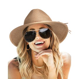 FURTALK Sun Hats for Women Summer Wide Brim UV UPF 80+ Panama Fedora Foldable Packable Straw Beach Hat Coffee Brown