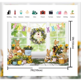 Spring Easter Backdrop for Photography Rabbit Bunny Window Garden Colorful Eggs Easter Garland Background Kids Baby Shower Birthday Party Decor Banner Photo Background (7X5FT (210x150cm))