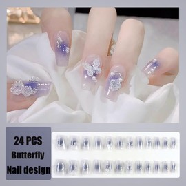 Butterfly Press on Nails Medium Coffin Fake Nails with Charm Flower Butterflies Pearl False Nails Glue on Nails Blue Acrylic Nails for Women Girls Glossy White Floral Artificial Nails 24pc