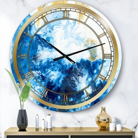 DesignQ Glam Wall Clock 'Blue and Gold Ocean Abstract Marble' Abstract Large Wall Clock for Living Room Decor, 23x23 (CLOCK24711)