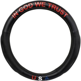 GG Grand General 54074 18 inches Deluxe Plus Steering Wheel Cover in God We Trust/USA in Red Font