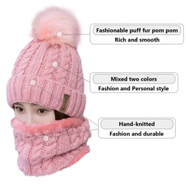 Womens Pom Beanie Hat Scarf Set Girls Winter Ski Hat Slouchy Knit Cap with Fleece Lined (Pink)