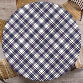 Britown Navy Plaid Round Fitted Tablecloth with Elastic Edge, Gingham Vintage Waterproof Table Cover, Indoor Outdoor Table Cloth for Kitchen Dinner, Outdoor, Picnic, 36"-44"