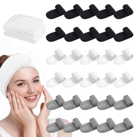 SHENGYIWA 30 Pack Adjustable Spa Headband for Women Non-Slip Facial Hair Wrap (WH&BK&GY, 30)