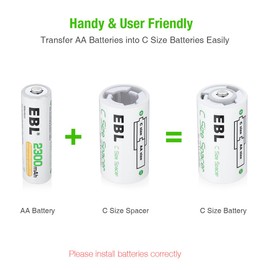 EBL C Size Battery Adapters, AA to C Size Battery Spacer Converter Case Use with Rechargeable AA Cells - 4 Pack