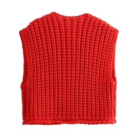 Chevara Women’s Chunky Cropped Sweater Vest Cute Sleeveless Crewneck Button Down Crop Knit Cardigan with Pocket(0112-Red-S-CW)