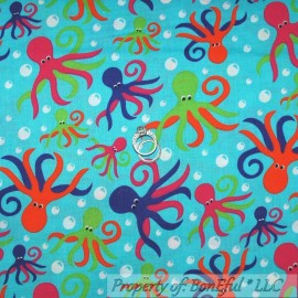 Springs Creative Products BonEful FABRIC FQ Cotton Quilt Aqua Blue White Octopus Fish Sea World Bubble Dot