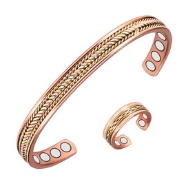EnerCoppeX Lymphatic Drainage Magnetic Copper Ring Bangle Three Tone Braided Design Solid Copper Ring Bracelet Set with 8+4 Pieces Magnets for Women Man Arthritis Pain, three-color weave, Copper, magnetic