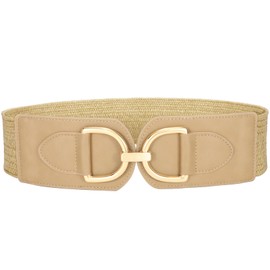 VONMELLI Women's Wide Elastic Waist Belt for Dresses Straw Belt Vintage Stretchy Braided Belt Boho Women's Belt with Golden Buckle, brown