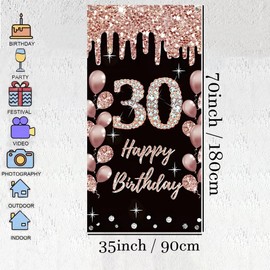 30th Birthday Decoration for Women Happy 30th Birthday Poster Black and Rose Fabric Sign Wall/Door Banner Background Banner Party Welcome Sign, 35.4"x70"