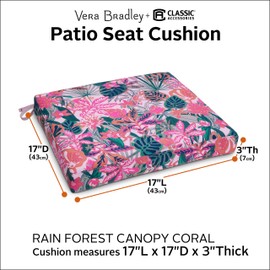 Classic Accessories for Vera Bradley Water-Resistant Patio Seat Cushion, 17 x 17 x 3 Inch, Rain Forest Canopy Coral