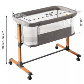 efunmodern Adjustable Bedside Crib Gray Baby Cradle Bed Breathable with Lockable Wheel US