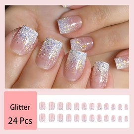 24pcs Glitter Press on Nails Short Square Cute Pink Fake Nails Glossy Stick on Nails Full Cover Acrylic Nails for Women Girl Nail Design Decoration