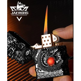 Cool Lighters, Windproof Carving Dragon Antique Lighter, Reusable Kerosene Grinding Wheel Lighter for Collection, Decorative, Gift, Present (Without Fuel) (Black)