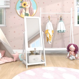 HOMGX Freestanding Kids Mirror, Non-Glass Shatterproof Toddler Dressing Mirror with Storage Box for Shoes & Accessories, View Adjustable Kids Mirror Full Length for Girls (White)