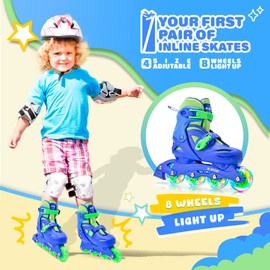 2PM SPORTS Girls Adjustable Illuminating Inline Skates with Light up Wheels, Fun Flashing Beginner Roller Skates for Kids - Blue Medium