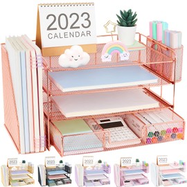 OPNICE Desk Organizers and Accessories, Desk Organizer with Drawer, 4-Tier Paper Tray Organizer with 2 Pen Holders + File Holder, Office Desk Accessories for Office Supplies(Rose Gold)