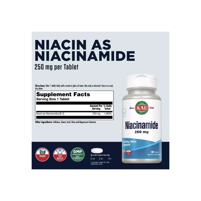 KAL Niacinamide 250mg Tablets, Vitamin B3 Supplement for Skin Health,