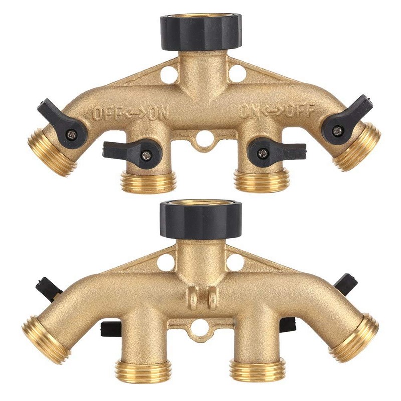 Garden Hose Splitter 4 Way Brass,3/4" Tap Splitter Shut Off
