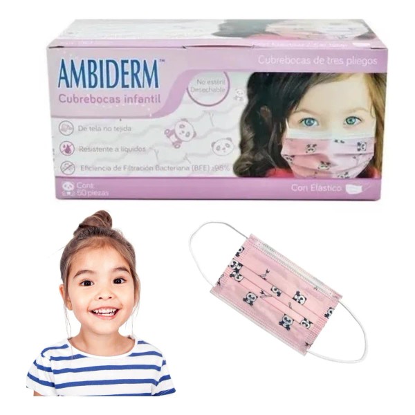 Cubrebocas Infantil Tricapa Rosa Con Pandas Ambiderm 50pzs Color Rosa