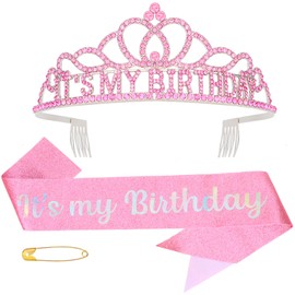 Pruadeor Geburtstagskrone Set, Damen Pink Strass Tiara Krone mit "It's my Birthday" & Glitzer Schärpe, Geburtstagsparty Accessoires