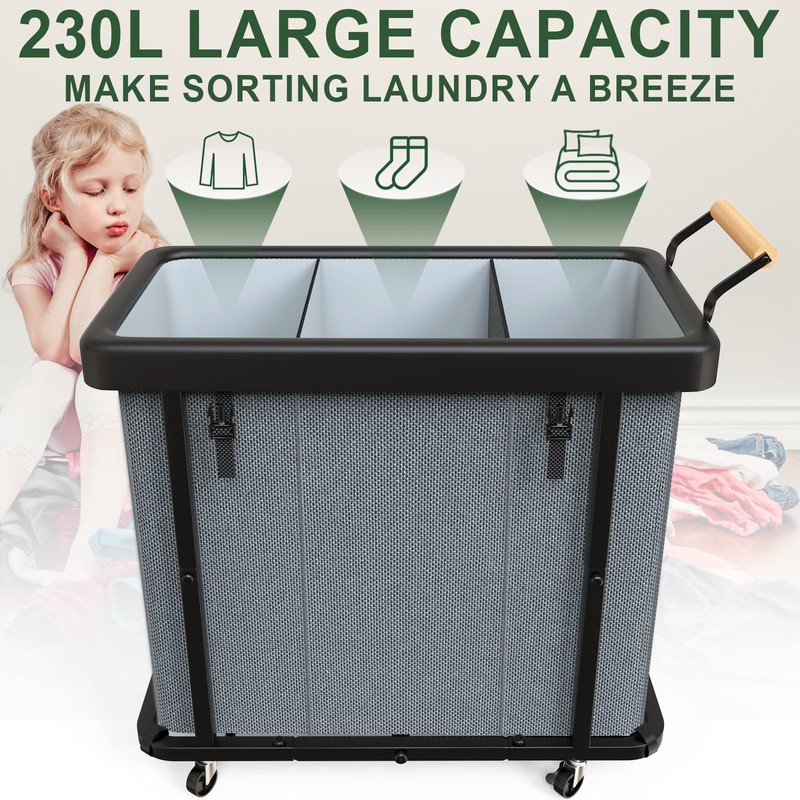 230L (60 Gal) Extra Large Fashion Laundry Sorter 3 Section