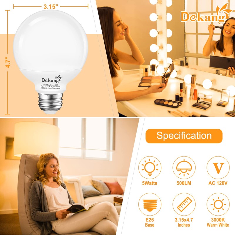 Dekang 8 Pack E26 Base Bathroom Light Bulbs 3000K Soft