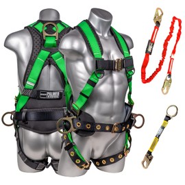 Palmer Safety Fall Protection Full Body 5 point Harness, Padded Back Support, Quick-Connect Buckle, Grommet Legs, 6' Safety Lanyard, OSHA ANSI Industrial Roofing Tool Personal Equipment (Green - XLG)