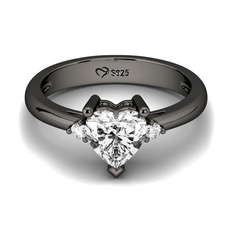 Jeulia Heart Black Engagement Ring: Women Sterling Silver Three Stone