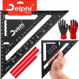DELPHI Carpenter's Square 180 mm Professional 90° Angle Thickened Triangle Protractor for Exact Angle Try Square Carefully Crafted Set with Pencils and Gloves (Black, 180 mm)