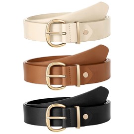 JASGOOD 3 Pack Women Leather Belts for Jeans Pants Gold Buckle Casual Waist Dresses Belts for Ladies(Black+Brown+Beige，Gold Buckle)