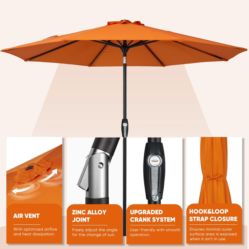 Tempera 9ft Patio Market Outdoor Table Umbrella with Auto Tilt