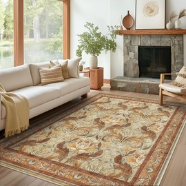Bavni 8x10 Area Rugs for Living Room, Microfiber Machine Washable Non-Slip Vintage Floral Rug, Low Pile Lightweight Carpet for Bedroom, Dining Room, Home Office, Beige & Terracotta