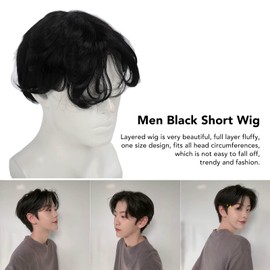 Milltrip Black Short Wigs for Men, Men Wig Short Black Middle Part Fluffy Layered Synthetic Full Wigs for Cosplay Party Role Play