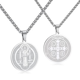 HANRESHE Medalla De San Benito Necklace Stainless Steel Silver St Benedict Medals Pendant Gift for Men