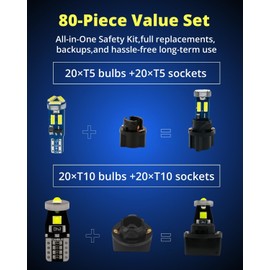 WLJH 40 Pack 194 168 T10 T5 LED Bulbs With Sockets, Non Polarity, Dimmable, For Dash Cluster Dome Map Door Trunk Parking License Plate Lights,300 LM Interior & Exterior Replacement, Bright White