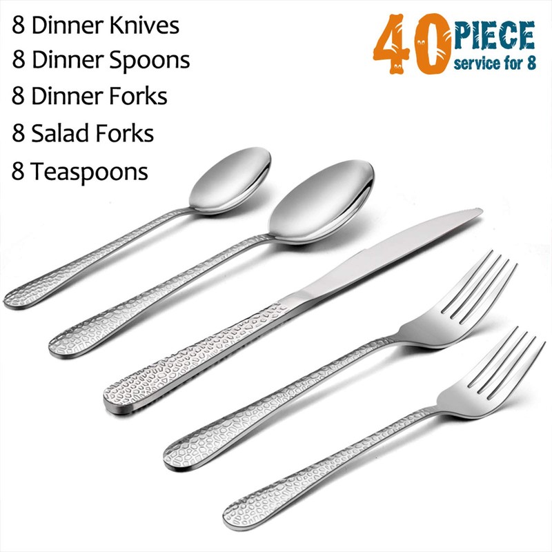 Hammered Silverware Set for 8, E-far 40-Piece Stainless Steel Flatware