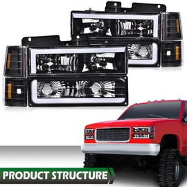 LQI LED Headlight Assembly Compatible with Chevy GMC C/K 1994-1999/ Fit Chevy Suburban C/K 1994-1999/ Fit Chevy Tahoe Fit 1995-1999 /Fit GMC Yukon Headlights 1995-1999 Clear Lens Amber Reflector
