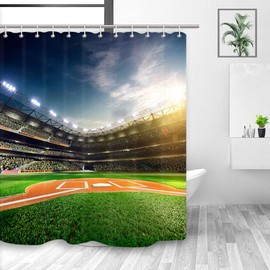 DYNH Sports Field Shower Curtain, Professional Baseball Grand Arena in The Sunlight, Fabric Baseball Bathroom Decor, Bath Curtains Accessories 12PCS Hooks, 69X70 Inches